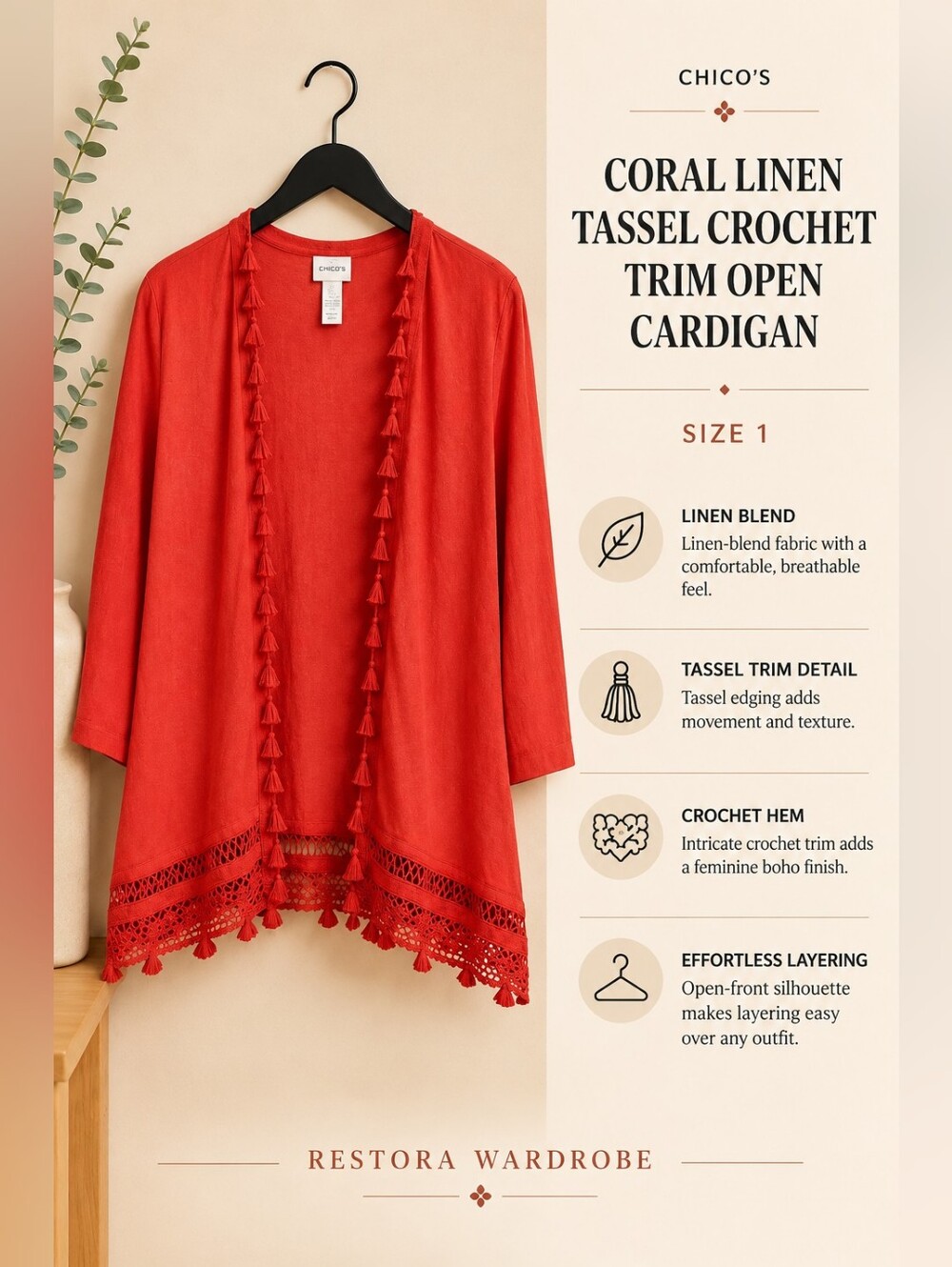 Chico's Open Front Cardigan Coral Linen Blend Crochet Tassel Size 1 Coastal